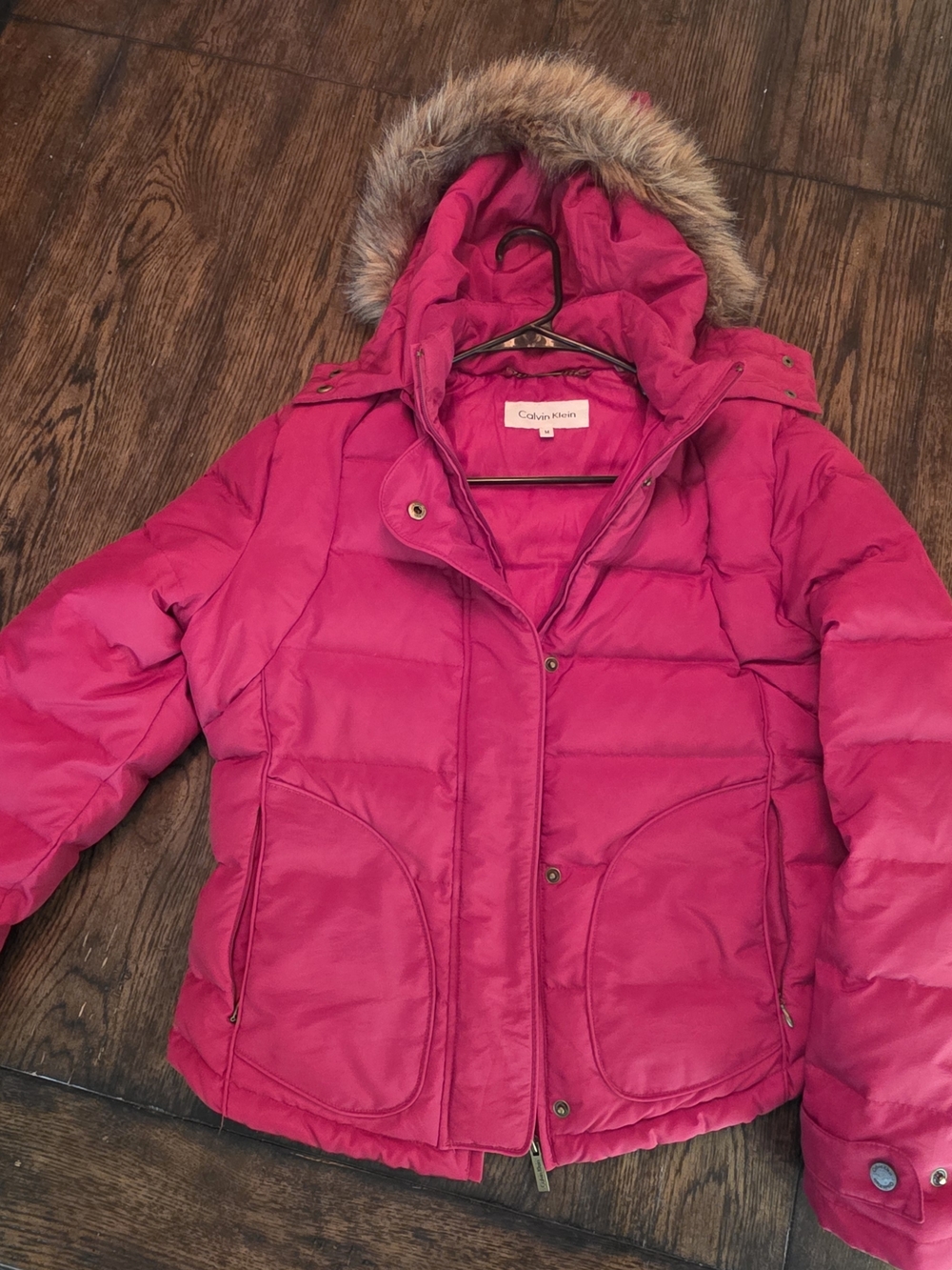 Calvin Klein Red Quilted Coat with Faux Fur Trim - Vintage (2000)